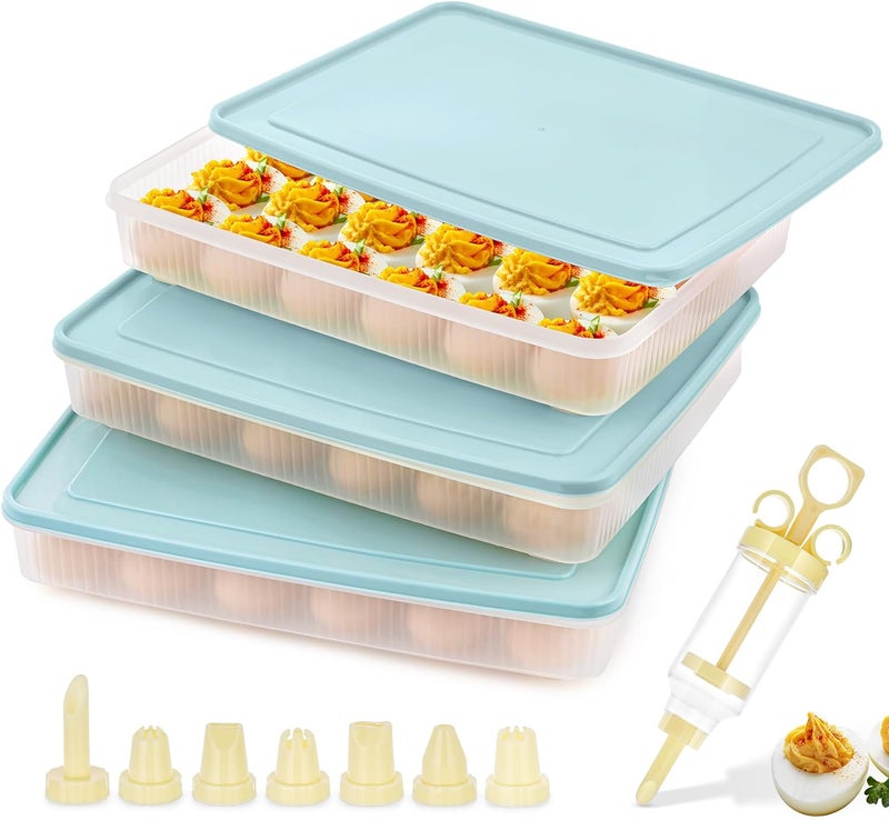 FACULX 3 Pack Deviled Egg Containers with Lid and 8 Pcs Deviled Egg Injector Piping Tool, Egg Organizer for Refrigerator, Fridge Stackable Countertop Portable Egg Platter (Blue) - Image 1